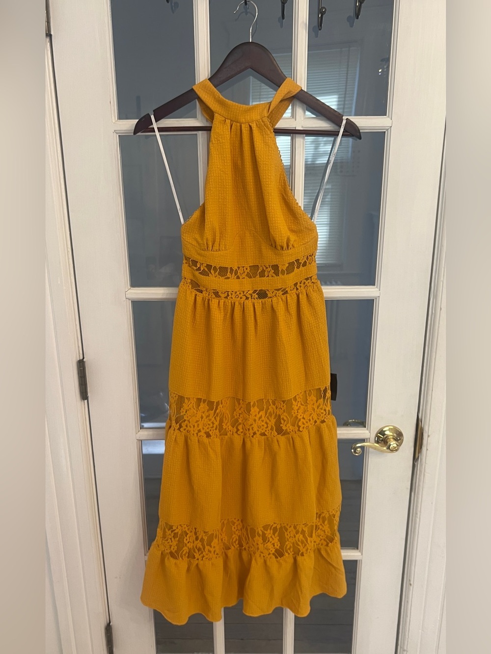 Lulus Sunshine Fine Marigold Lace Tiered Halter Midi Dress Size XS